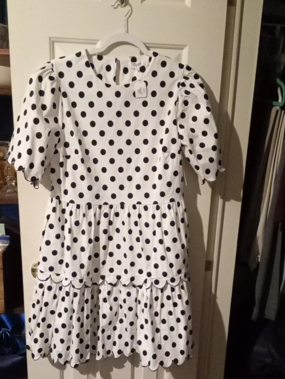 Spin Usa White Dress with Black Polka Dots and Puff Sleeves